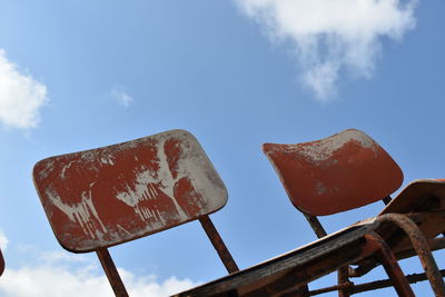 Low angle view of old rusty sign against sky