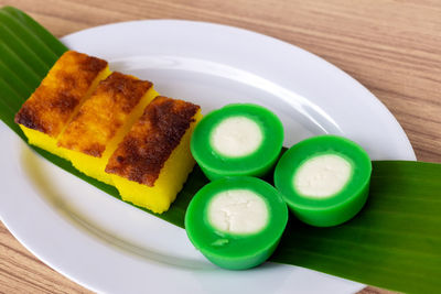 High angle view of food in plate on table