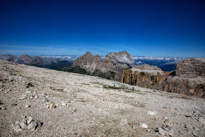 Scenic view of landscape and mountains against blue sky