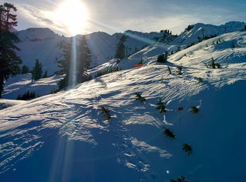 Aerial view of snowcapped mountain against sky