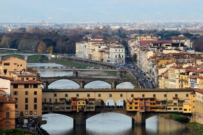 High angle view of bridge over river amidst buildings in city