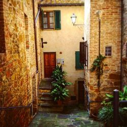 Brick wall with buildings in background