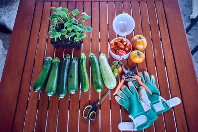 High angle view of fruits on table