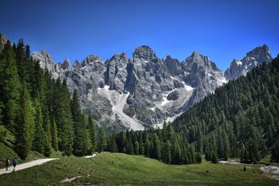 Scenic view of mountains against clear blue sky