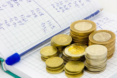 High angle view of coins