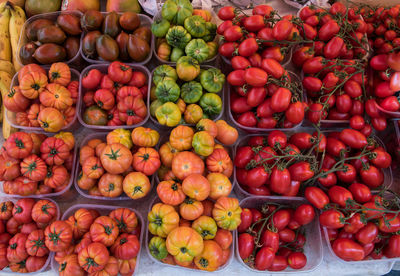 High angle view of colorful tomatoes for sale at market stall