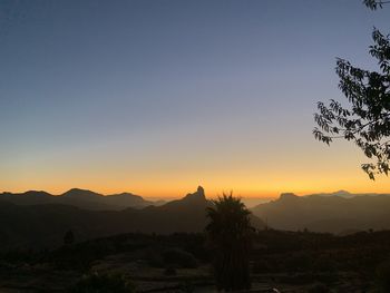 Scenic view of silhouette mountains against clear sky at sunset