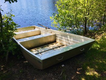 High angle view of boat by lake