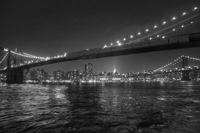 Suspension bridge over river at night