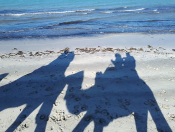 High angle view of shadow on shore at beach