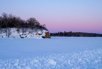 Frozen trees on snow field against clear sky