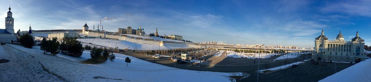 Panoramic view of city against sky during winter