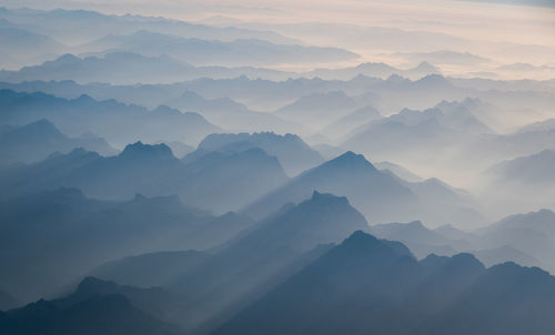 Scenic view of mountains against sky during sunset