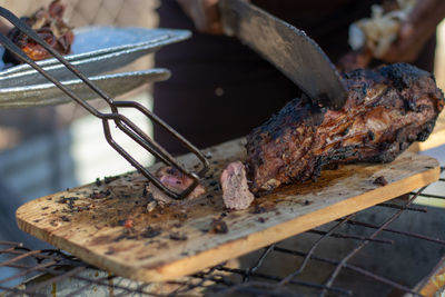 Close-up of meat on barbecue grill