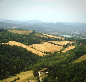 High angle view of field against sky