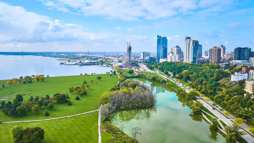 High angle view of cityscape against sky