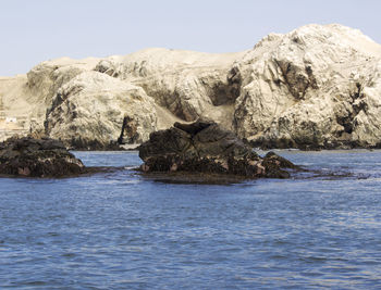 White and black rock formations in the middle of the sea