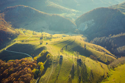 Autumn landscape drone aerial shot in transylvania, romania