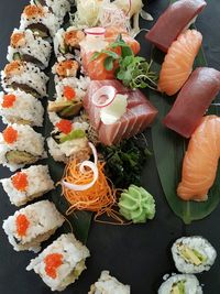 Directly above shot of sushi served on table