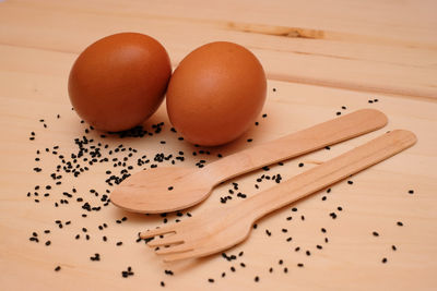 High angle view of eggs on table