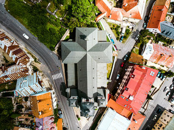 High angle topdown view of a church in old town 