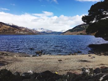 Scenic view of lake against cloudy sky