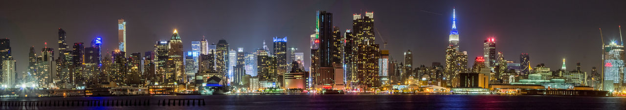 Panoramic view of illuminated city against sky at night