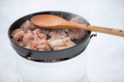 High angle view of meat in cooking pan