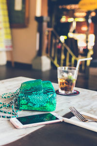 Close-up of wine glass on table at restaurant