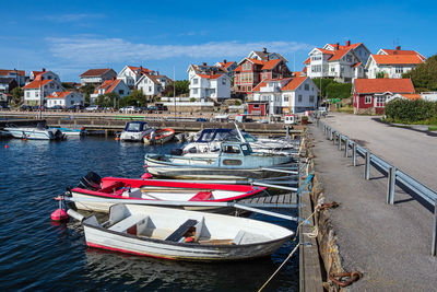 Boats moored in canal by houses against blue sky