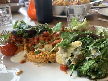 Close-up of breakfast served on table