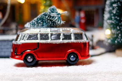 Close-up of toy car on snow