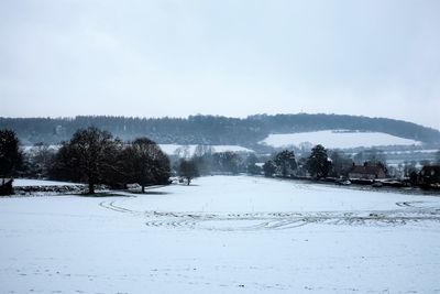 Trees on snow covered field against sky