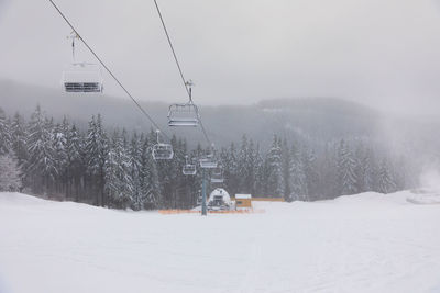 Overhead cable car over snow covered landscape