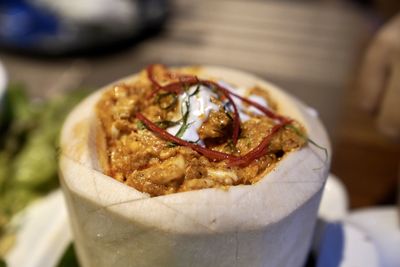 High angle view of bread in plate on table