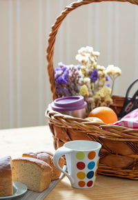 Close-up of breakfast with basket on table