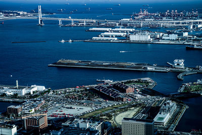 High angle view of boats in harbor