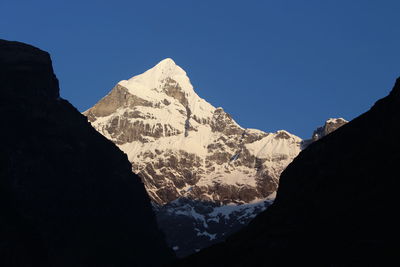 Scenic view of snowcapped mountains against clear sky