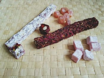 High angle view of various food on table