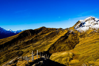 Low angle view of rocky mountains against clear blue sky