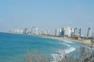 Sea and cityscape against clear sky