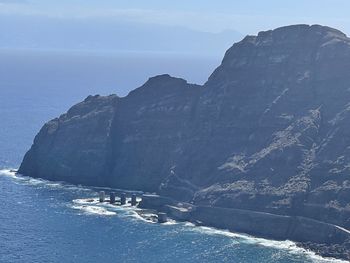 Scenic view of sea and mountains against sky