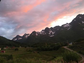 Scenic view of mountains against sky during sunset