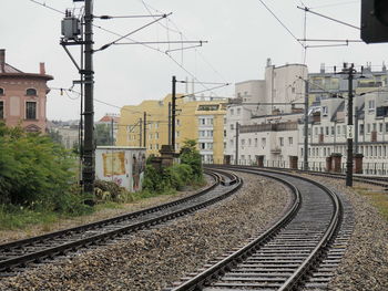 Railroad tracks amidst buildings in city against sky