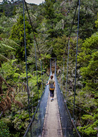 Rear view of woman walking on footbridge in forest
