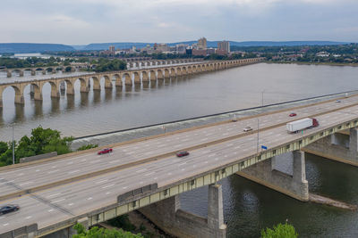 High angle view of bridge over river against sky