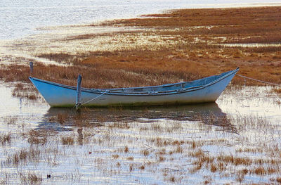 Boat moored on shore