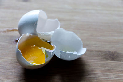 Close-up of broken egg shells on table