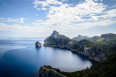 High angle view of rocky coastline against sky