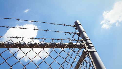 Low angle view of chainlink fence against sky